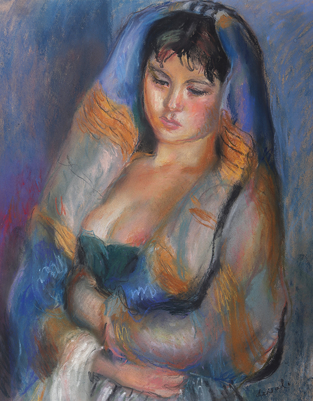 Pierre Deval : Jeune femme au voile bleu et ocre - Pastel - 63 x 50 cm - Limpact